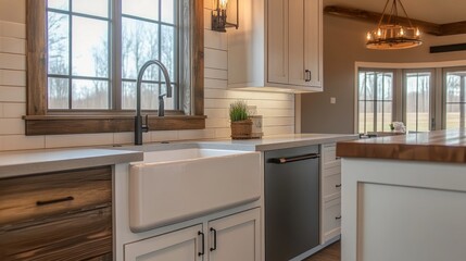 A modern farmhouse-inspired kitchen with shaker-style cabinets