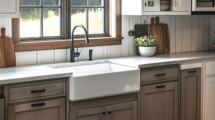 A modern farmhouse-inspired kitchen with shaker-style cabinets