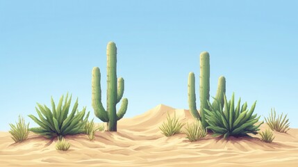 Fototapeta premium Pixel Art Desert Scene with Cacti and Dunes