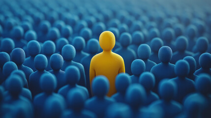 An abstract concept featuring a crowd of people in blue, with one person in yellow standing out. The minimalist 3D design on a blue background represents diversity in human resources