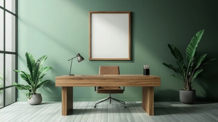 Mock up frame in a spacious, bare company office with pale olive walls and simple wooden furniture, no decorations, 3D render 
