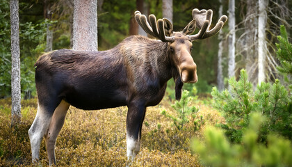 Fototapeta premium A magnificent moose with impressive antlers stands amidst a vibrant green forest, embodying the beauty of wildlife in nature. Experience the serene atmosphere of the wilderness.
