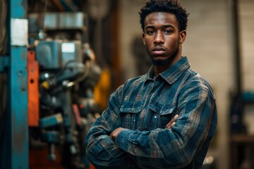 Obraz premium Portrait of a Young Black Man with Arms Crossed in a Workshop Setting