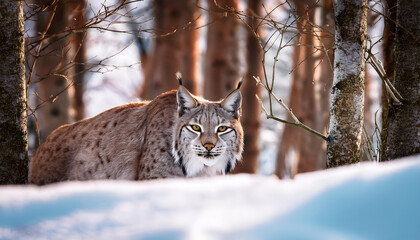 A stunning lynx prowling through a snowy forest, capturing the essence of wildlife in its natural habitat during winter. Experience the beauty and elegance of this solitary feline predator