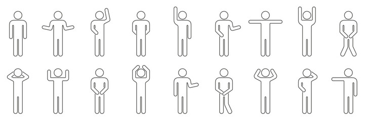 Human Figure Line Icons Set in Various Poses. Man Stick Figure with Different Gestures and Poses Outline Symbol Collection. Editable Stroke. Isolated Vector Illustration