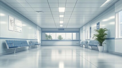 Bright and modern hospital hallway with patient rooms and decorative plants in a serene environment