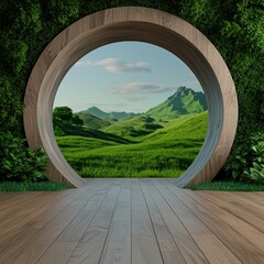 Fototapeta premium Serene Landscape View Through Circular Window