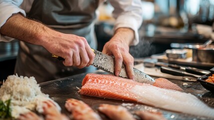 Chef Slicing Fresh Salmon and White Fish on a Countertop