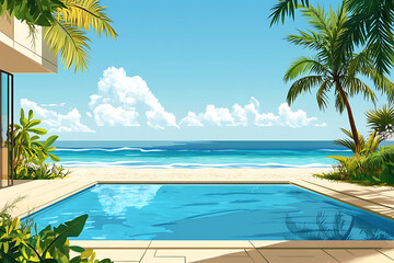 Fototapeta premium A serene poolside view overlooking a beach and ocean under a clear sky.