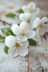 Fototapeta premium Delicate pink blossoms arranged on a rustic wooden surface in soft spring light