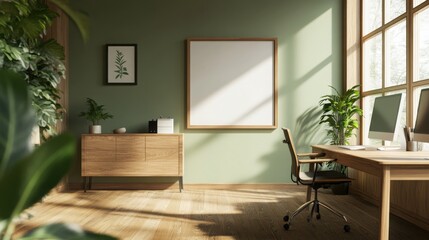 Fototapeta premium Mock up frame in a spacious, bare company office with pale olive walls and simple wooden furniture, no decorations, 3D render 
