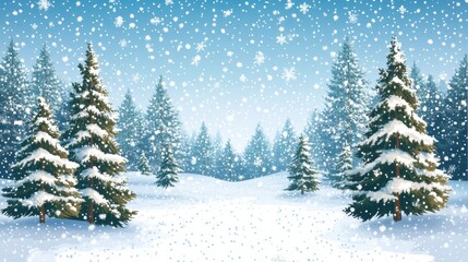 Obraz premium Snowy Landscape with Pine Trees and Falling Snowflakes