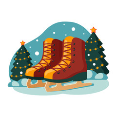 Ice Skating Adventure, Skates with Winter Background, Flat Design Vector