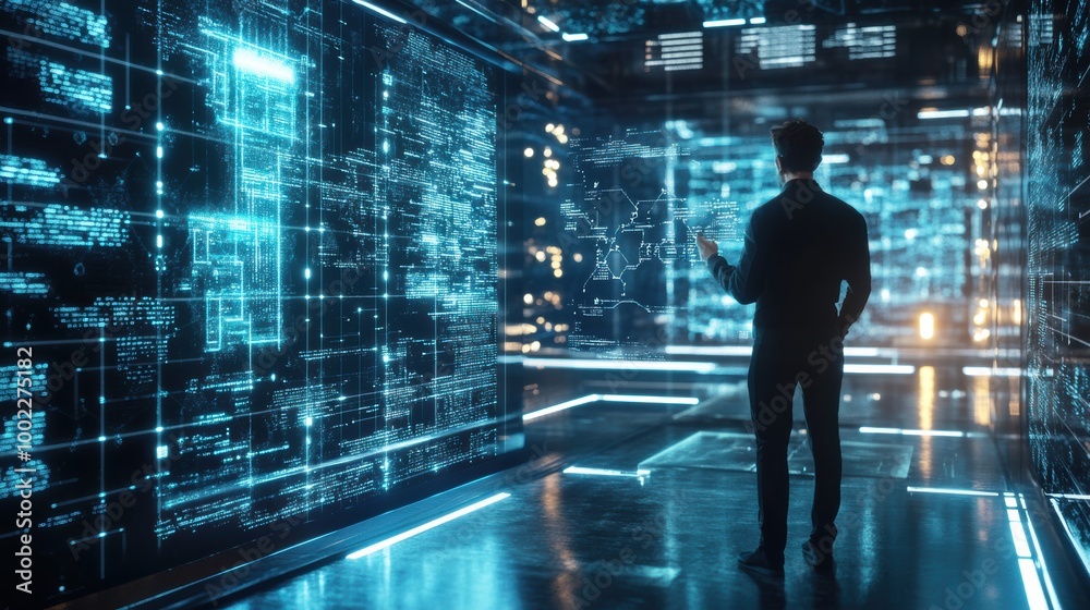 Poster a professional analyzes floating holographic data and neural networks in a futuristic tech environme