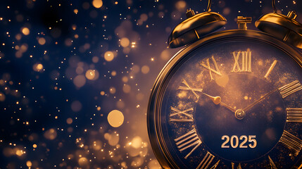 happy new year 2025 countdown clock on abstract glittering midnight sky with copy space, festive party invitation card concept for new years eve