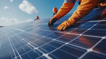 Professional worker installs solar panel on rooftop under clear blue sky, promoting renewable energy and sustainable technology.