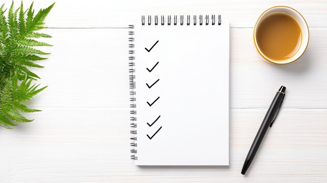 Blank checklist, cup of coffee, and plant. Ideal for productivity and organization themes.