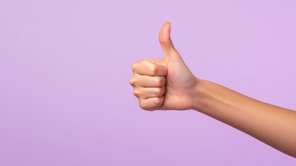 A hand giving a thumbs up gesture against a soft purple background, symbolizing approval and positivity.