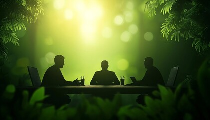 Silhouettes of people in a meeting surrounded by greenery.