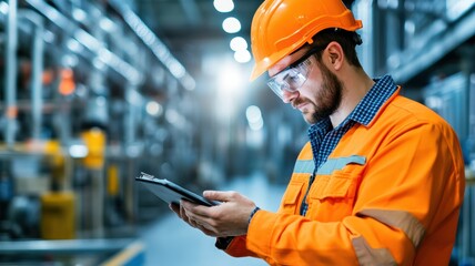 A worker in an orange safety suit and helmet uses a tablet in an industrial setting, focusing on tasks and safety.