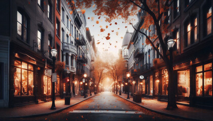 Fototapeta premium A charming shopping street adorned with autumn decorations and illuminated store windows, creating a cozy, festive atmosphere