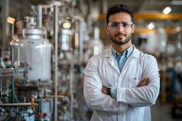 Confident Male Scientist in Lab Coat with Arms Crossed, Standing in a Factory Setting