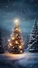 Christmas fir tree in snowy winter landscape