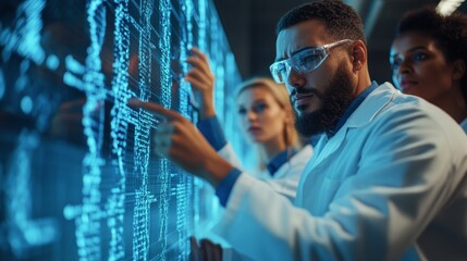 Scientists collaborating on data analysis in a high-tech research laboratory during evening hours