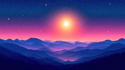 Simplified Night Landscape with Stars and Moon