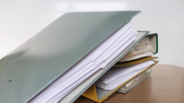 Paper business documents fall on the office desk. File folders.  Slow motion. Business concept