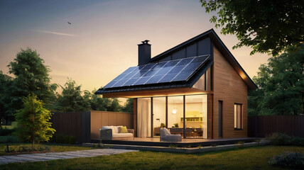 Obraz premium new suburban house with photovoltaic system on the roof. Modern eco-friendly passive house with solar panels on the gable roof, with sunlight in the afternoon