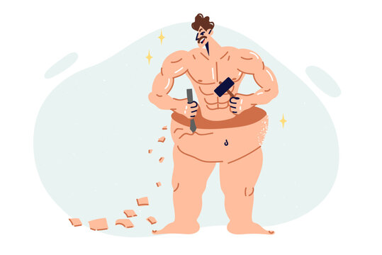 Man is interested in bodybuilding and building beautiful body with muscles and six-pack abs