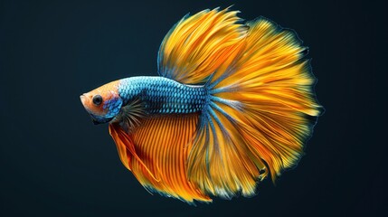 Fototapeta premium Colorful tropical betta fish with flowing fins swimming on black background. Vibrant scales and elegant movement create mesmerizing display, showcasing beauty and grace of aquatic life