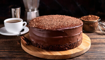 Delicious chocolate cake topped with cocoa shavings, accompanied by a cup of coffee. Ideal for dessert lovers and special occasions. Enhance your culinary collection with this mouthwatering image