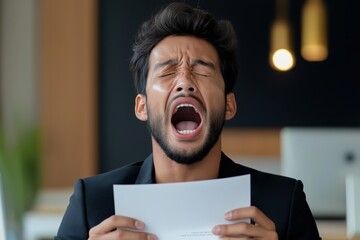 Man is holding a piece of paper and is crying. He is wearing a suit and tie. Man in a suit, holding a torn and shredded resume in his hands, with his mouth wide open, crying loudly