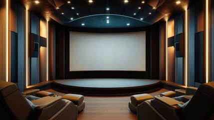 A modern home theater with a curved screen