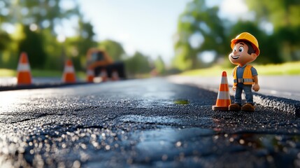 Animated construction worker in helmet and vest standing on fresh asphalt road with orange cones. Vivid colors and clear summer day setting.
