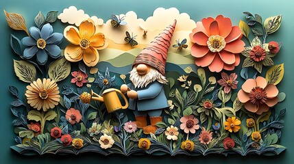 A cheerful gnome watering flowers in a vibrant garden, surrounded by colorful paper-cut flowers, leaves, and vines, with bees and butterflies flying around, soft morning light, hand-cut paper edges,