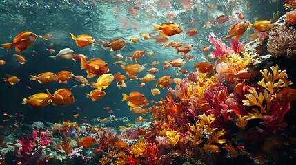   A school of vibrant fish swim over a lively coral reef, set amidst an expansive ocean of dazzling corals