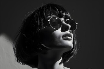 Elegant woman in sunglasses looking up, high-contrast black and white portrait