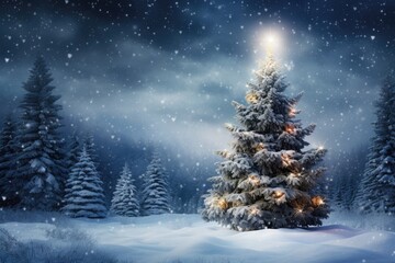 Fototapeta premium Christmas fir tree in snowy winter landscape