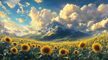 Fototapeta premium A field of blooming sunflowers beneath a majestic mountain, with vibrant clouds and sunlight illuminating the scene in a beautiful, realistic landscape