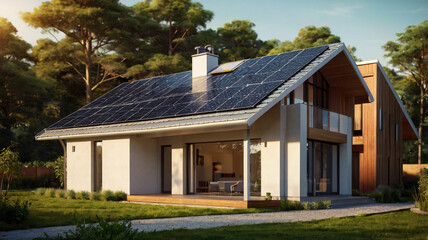 new suburban house with photovoltaic system on the roof. Modern eco-friendly passive house with solar panels on the gable roof, with sunlight in the afternoon
