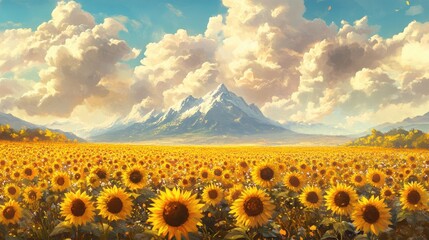 Obraz premium A golden field of sunflowers in bloom stretches towards a majestic mountain, with vibrant clouds and sunlight casting a warm glow over the landscape