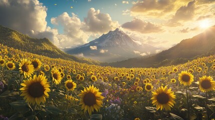 Fototapeta premium A field of blooming sunflowers set against a majestic mountain, with vibrant clouds and sunlight illuminating the scene in a natural landscape