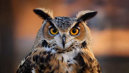 Obraz premium A striking close-up of a majestic owl with intense amber eyes and vivid plumage, exuding wisdom and mystery against a soft, blurred background