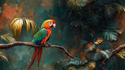  A vibrant parrot perched on a leafy branch amidst lush foliage and a serene tree backdrop in a tropical paradise (3