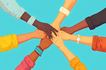 A diverse group of hands coming together in unity and collaboration.