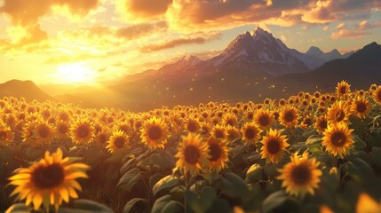 Fototapeta premium Beautiful sunflowers in full bloom with a mountain backdrop, flowing clouds, and golden sunlight creating a serene, realistic landscape