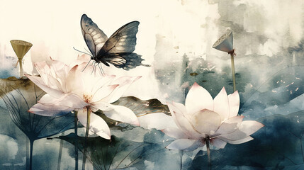  Water Lilies Painting with Butterfly